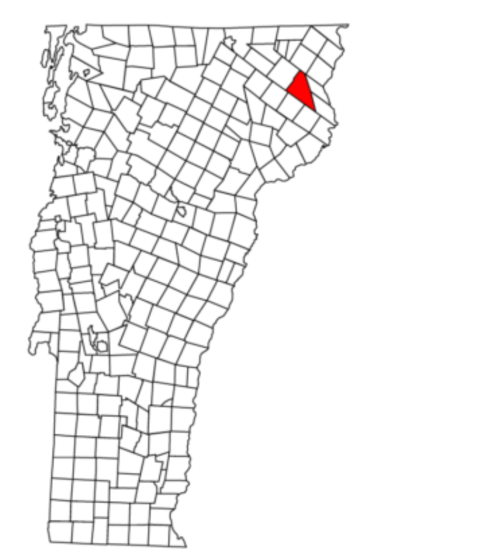 Map of Vermont highlighting a small red triangle in the northeastern part of the state.