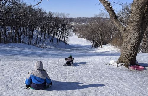 Two children sledding down a snowy hill, surrounded by trees and a clear blue sky.