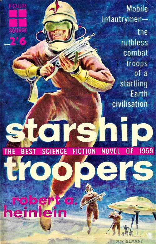 Cover of "Starship Troopers" by Robert A. Heinlein, featuring a soldier in futuristic armor and alien landscapes.