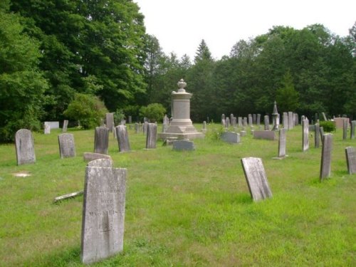 A cemetery with numerous gravestones and a central monument, surrounded by trees and grassy areas.