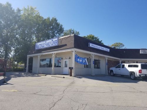 Exterior of Wentville Family Diner with a sign indicating it's now open, surrounded by trees and parked vehicles.