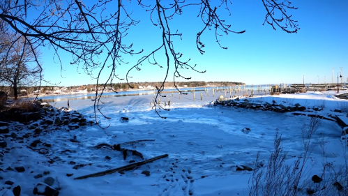 A snowy landscape by a frozen river, with bare branches and a clear blue sky in the background.