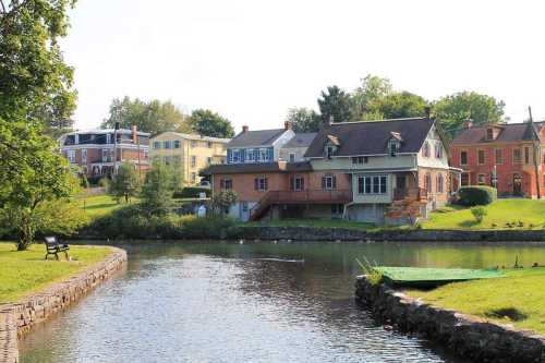 A serene view of colorful houses along a calm river, with green lawns and trees in the background.