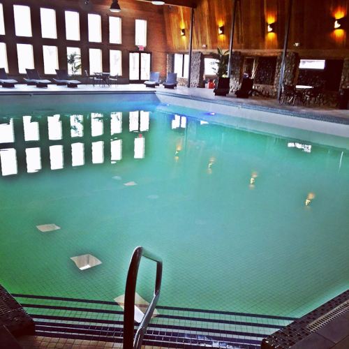 Indoor swimming pool with a wooden ceiling, lounge chairs, and large windows reflecting natural light.