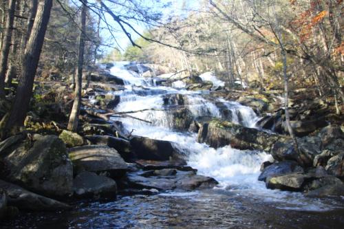 A serene waterfall cascades over rocks, surrounded by trees and natural greenery in a peaceful outdoor setting.