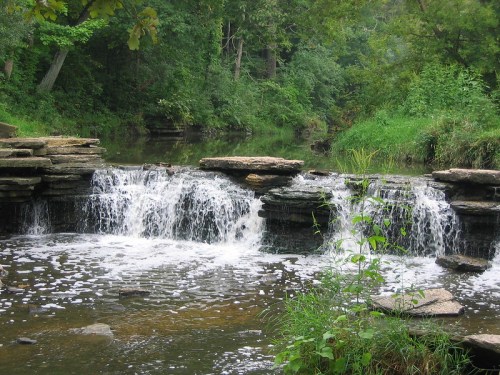 A serene waterfall cascades over rocky ledges into a calm stream, surrounded by lush green trees and foliage.