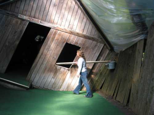 A woman walks past a tilted wooden structure with a "No Smoking" sign, surrounded by green flooring and trees.