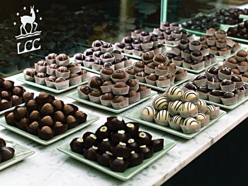 A display of assorted chocolate truffles arranged on plates, featuring various designs and toppings.