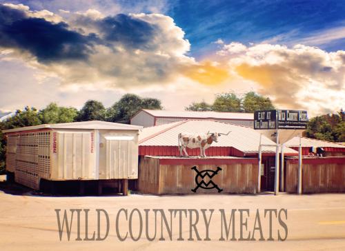 A rustic meat shop with a cow on the roof, set against a colorful sky. Sign reads "Wild Country Meats."