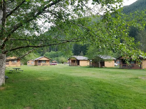 A grassy area with several cabins surrounded by trees and mountains in the background.