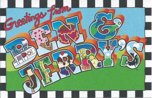 Colorful postcard design featuring "Greetings from Ben & Jerry's" with ice cream illustrations and a checkered border.