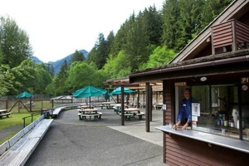 A park concession stand with a smiling attendant, surrounded by picnic tables and green trees in the background.