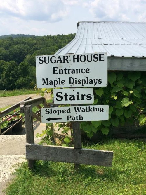 Signpost at a sugar house with directions for entrance, maple displays, stairs, and a sloped walking path.
