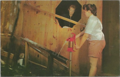 A woman pumps water from a well while another woman watches from a window in a wooden structure.