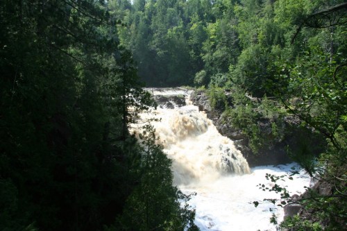 A cascading waterfall surrounded by lush green trees and rocky terrain, with foamy water flowing down.