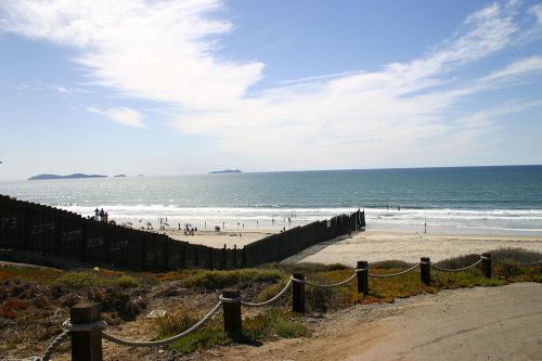 A beach scene with a wooden barrier, people walking along the shore, and a clear blue sky with scattered clouds.