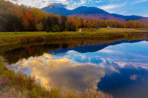 A serene landscape featuring colorful autumn trees reflected in a calm lake, with mountains in the background under a blue sky.