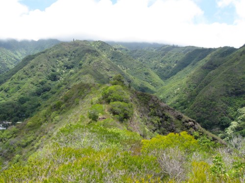 Lush green mountains under a partly cloudy sky, showcasing a vibrant landscape with rolling hills and vegetation.