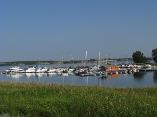A peaceful marina with several boats docked, surrounded by calm water and green grass under a clear blue sky.