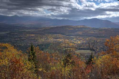 A panoramic view of colorful autumn foliage covering rolling hills under a cloudy sky.