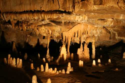 Stalactites and stalagmites illuminated in a cave, showcasing unique rock formations and textures.