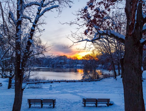 A serene winter scene with snow-covered benches by a lake at sunset, surrounded by bare trees.