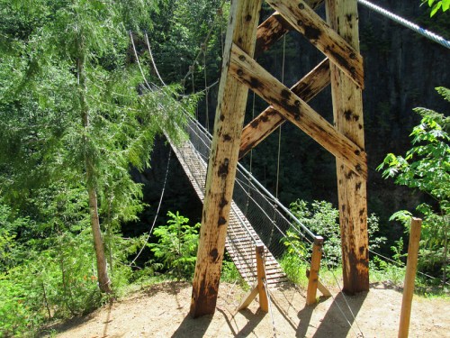 A wooden suspension bridge supported by tall posts, surrounded by lush green trees and a rocky cliff in the background.