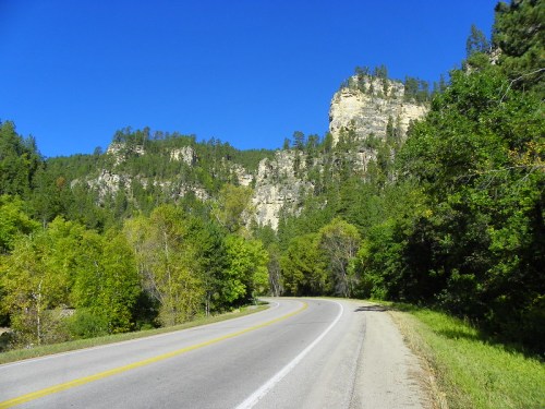 A winding road surrounded by lush trees and towering cliffs under a clear blue sky.