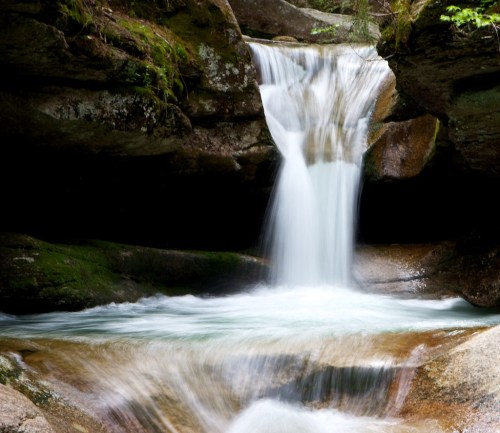 A serene waterfall cascading over rocks into a clear pool, surrounded by lush greenery.