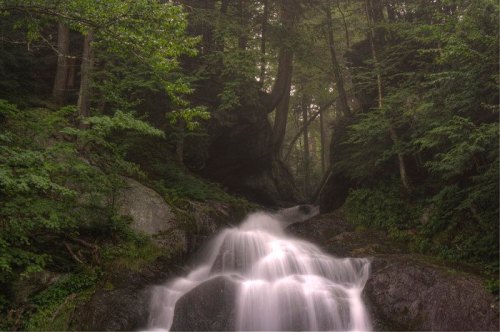 A serene waterfall cascades over rocks, surrounded by lush green trees in a misty forest.