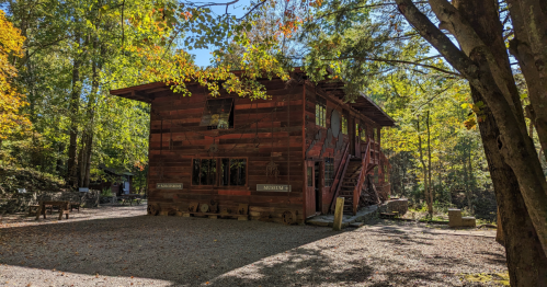 A rustic wooden building surrounded by trees, with a gravel path and sunlight filtering through the leaves.