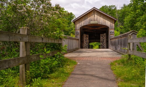 A wooden covered bridge surrounded by greenery, with a path leading to its entrance.
