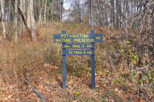 Signpost at Potawatomi Nature Preserve indicating directions to Trail 3 and Trail 6 among autumn foliage.