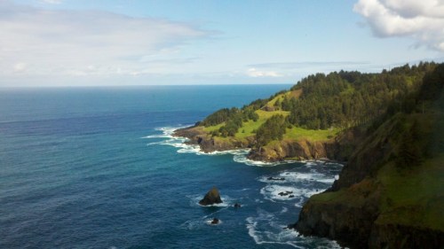 A scenic coastal view featuring cliffs, lush greenery, and waves crashing against rocks under a clear blue sky.