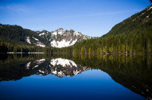 A serene lake reflecting snow-capped mountains and lush green forests under a clear blue sky.