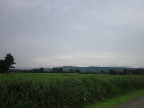 A cloudy sky over a green field with distant hills and trees lining the horizon.