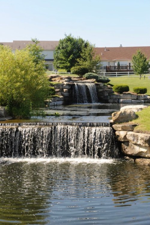 A serene landscape featuring a waterfall cascading into a pond, surrounded by greenery and a distant building.