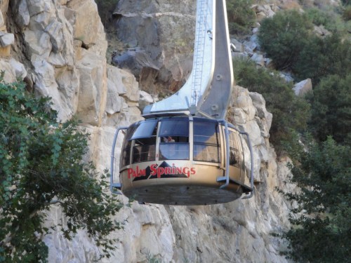 A Palm Springs aerial tramway cabin glides over rocky terrain, surrounded by trees and mountains.