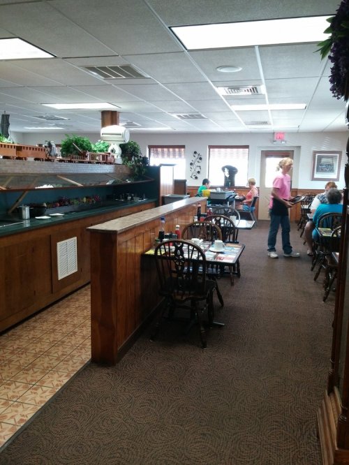 A cozy restaurant interior with wooden decor, tables, and patrons enjoying their meals. A server is attending to customers.