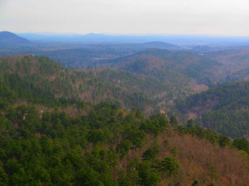 A panoramic view of rolling hills covered in trees, with distant mountains under a cloudy sky.