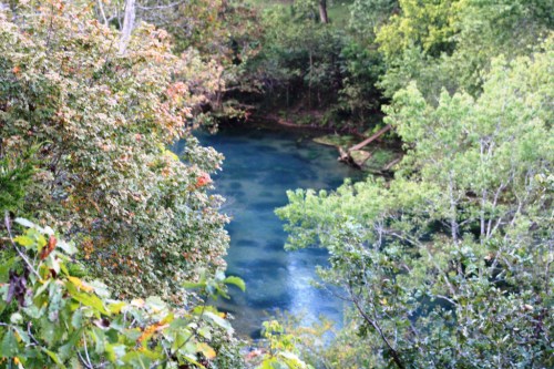 A serene river surrounded by lush green trees and colorful foliage, reflecting the calm blue water.