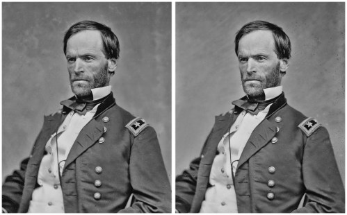 Black and white portrait of a stern-looking man in a military uniform, featuring a double exposure effect.