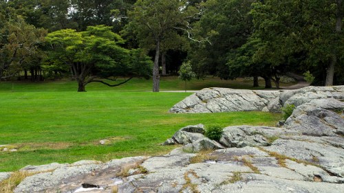 A serene park scene featuring green grass, trees, and rocky outcrops under a clear sky.