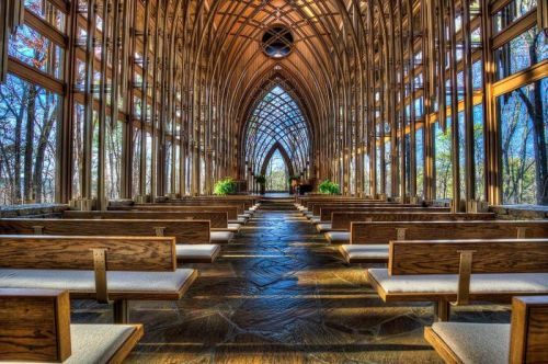 A serene chapel interior with wooden benches, large glass windows, and a stunning arched ceiling surrounded by trees.