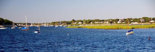 A serene coastal scene with boats on calm water, lush green shore, and a clear blue sky in the background.