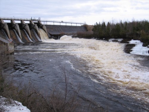 A dam releasing water into a river, surrounded by trees and a cloudy sky. The water appears brown and turbulent.