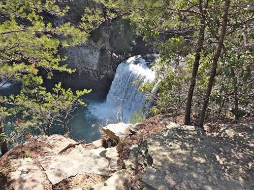 A scenic view of a waterfall cascading into a serene pool, surrounded by lush greenery and rocky terrain.