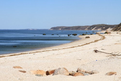 A serene beach scene with smooth sand, scattered rocks, and calm water under a clear blue sky.