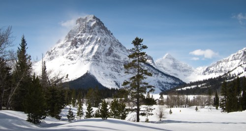 Snow-covered mountains rise against a clear blue sky, surrounded by evergreen trees and a snowy landscape.