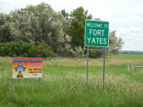 A welcome sign for Fort Yates next to a sign about domestic violence awareness in a grassy area.